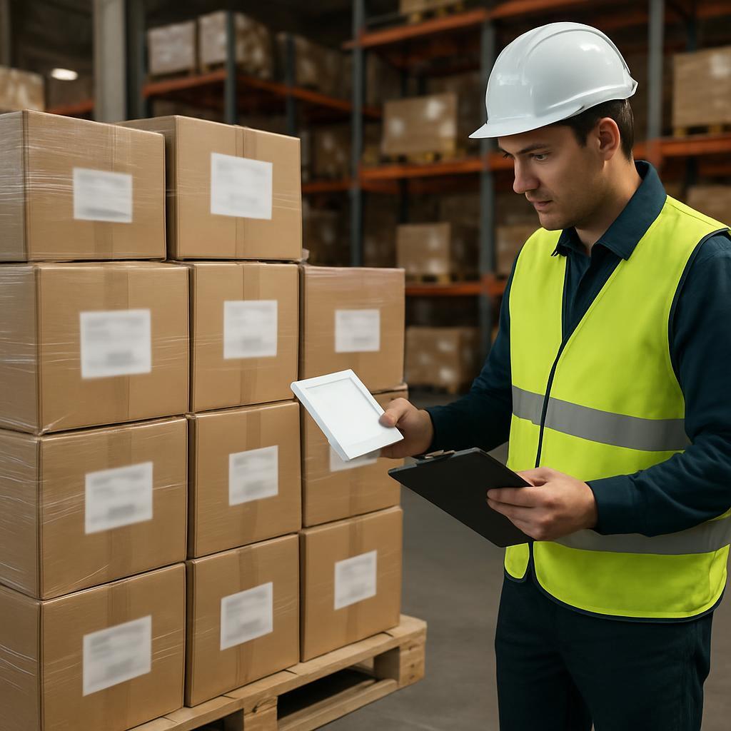 Warehouse pallets of boxed LED panel lights prepared for shipment with a contractor checking quantities