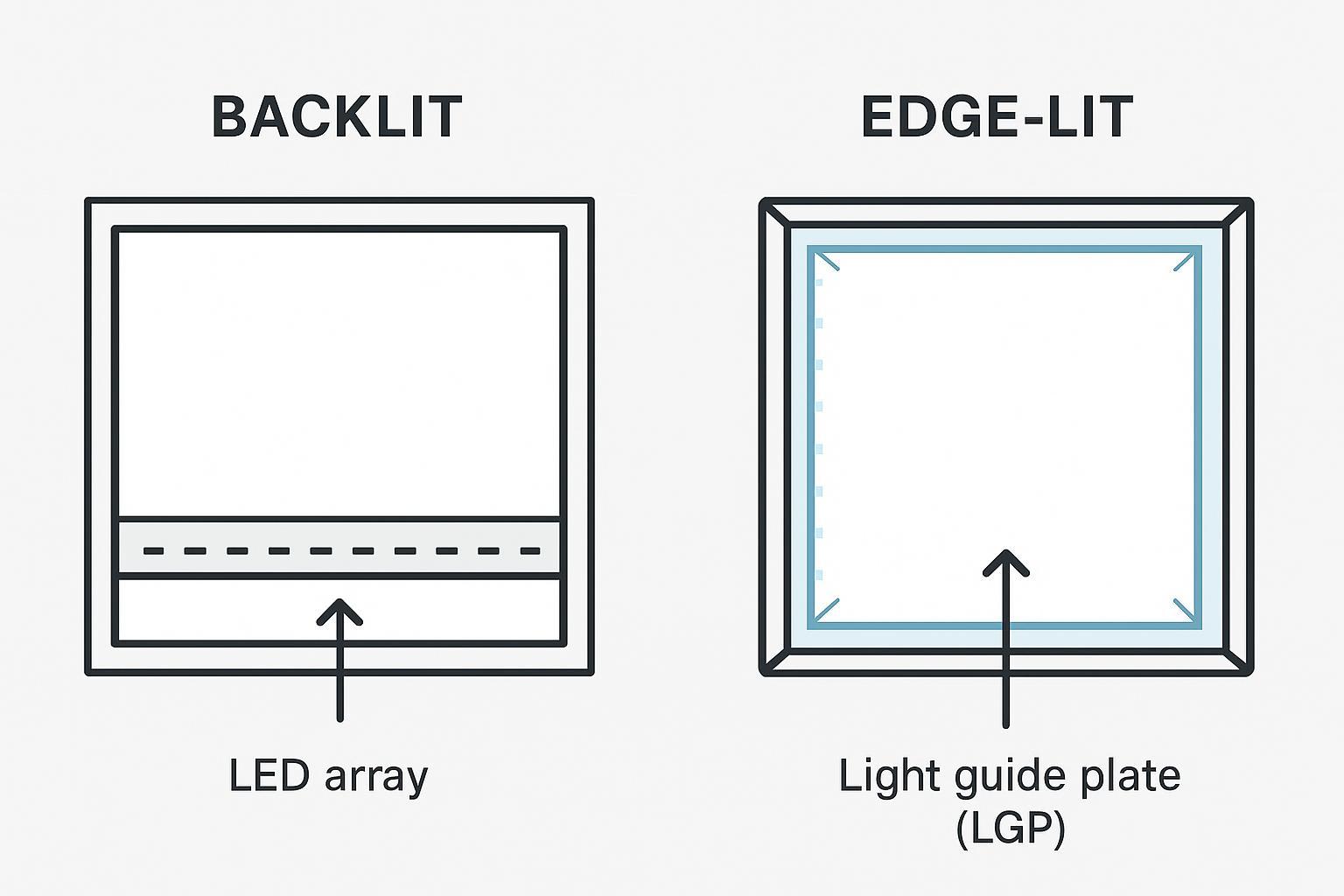 Diagram comparing backlit vs edge-lit square LED panel light architecture for buyers