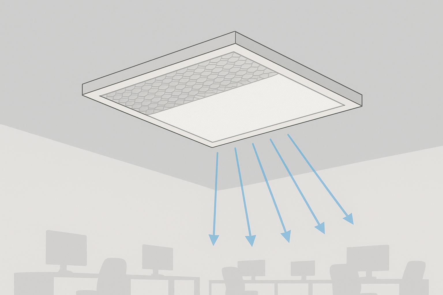 Ceiling cross-section showing slim edge-lit panel vs thicker backlit panel and driver placement