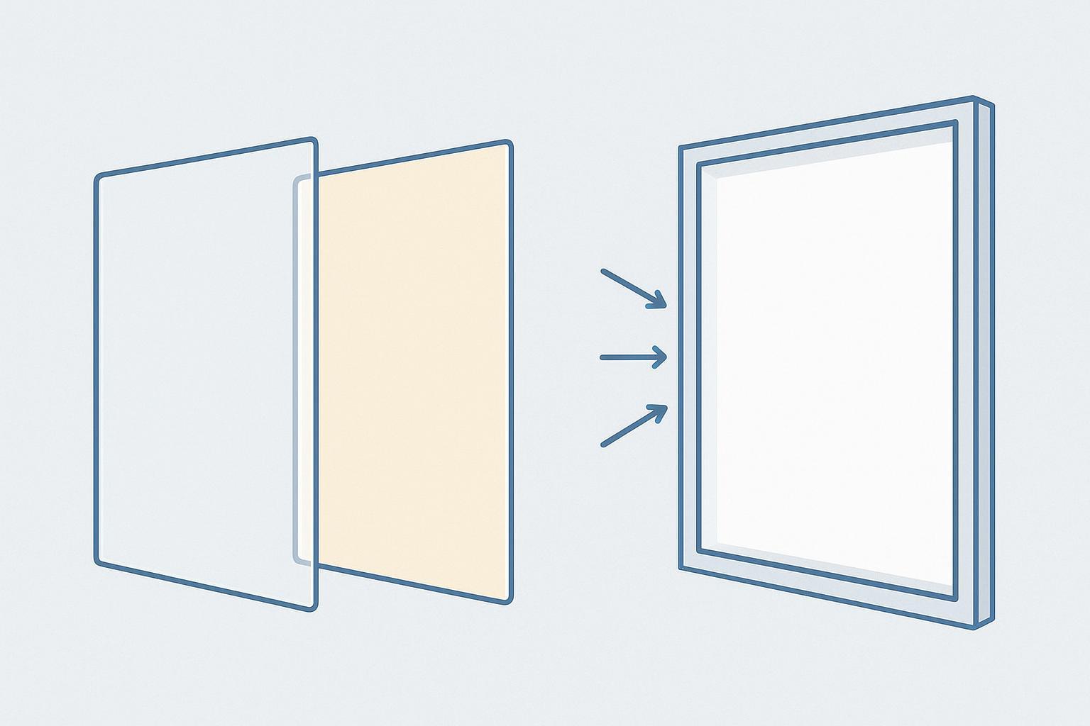 Illustration of LGP material aging risk: clear PMMA versus yellowed PS over time