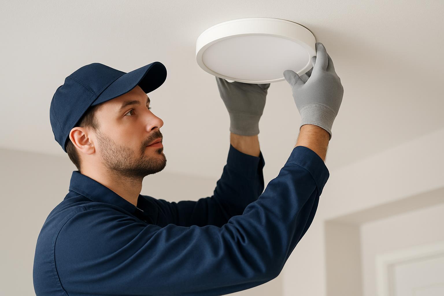 Electrician aligning and twist-locking a round surface-mounted frameless LED panel light