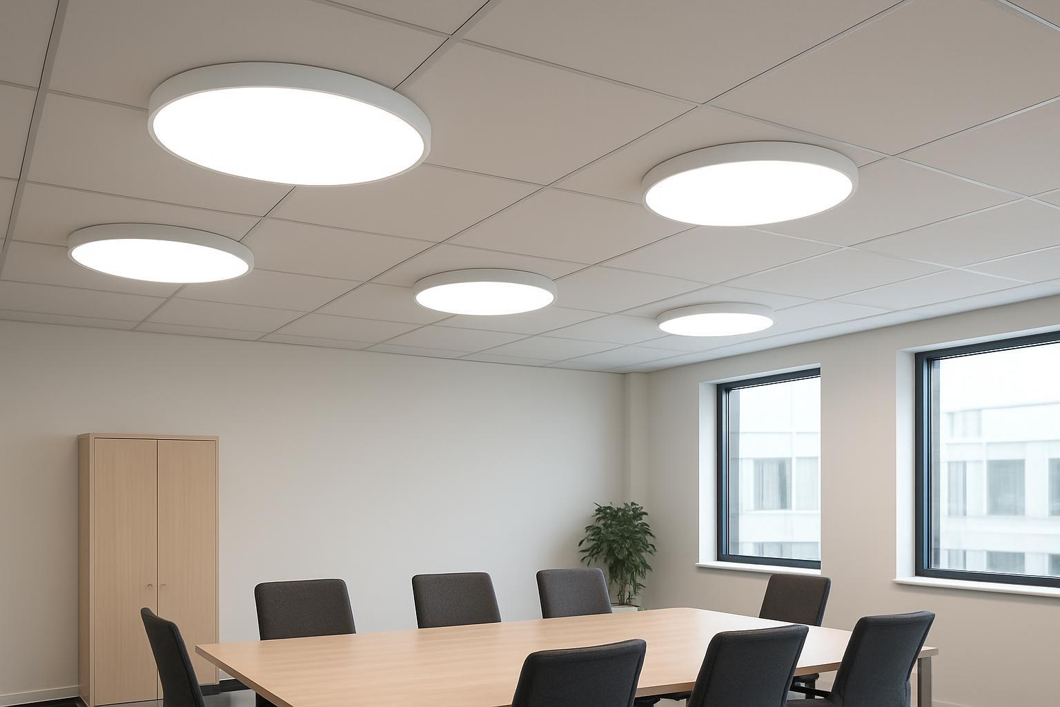 Modern office ceiling with round surface-mounted LED panel lights installed flush