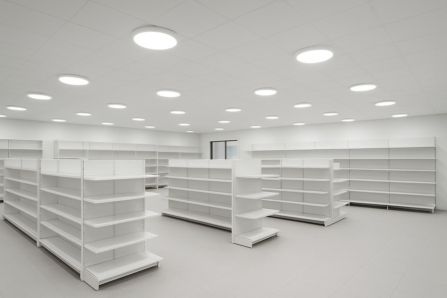 Retail store interior with round surface-mounted LED panel lights providing bright uniform lighting
