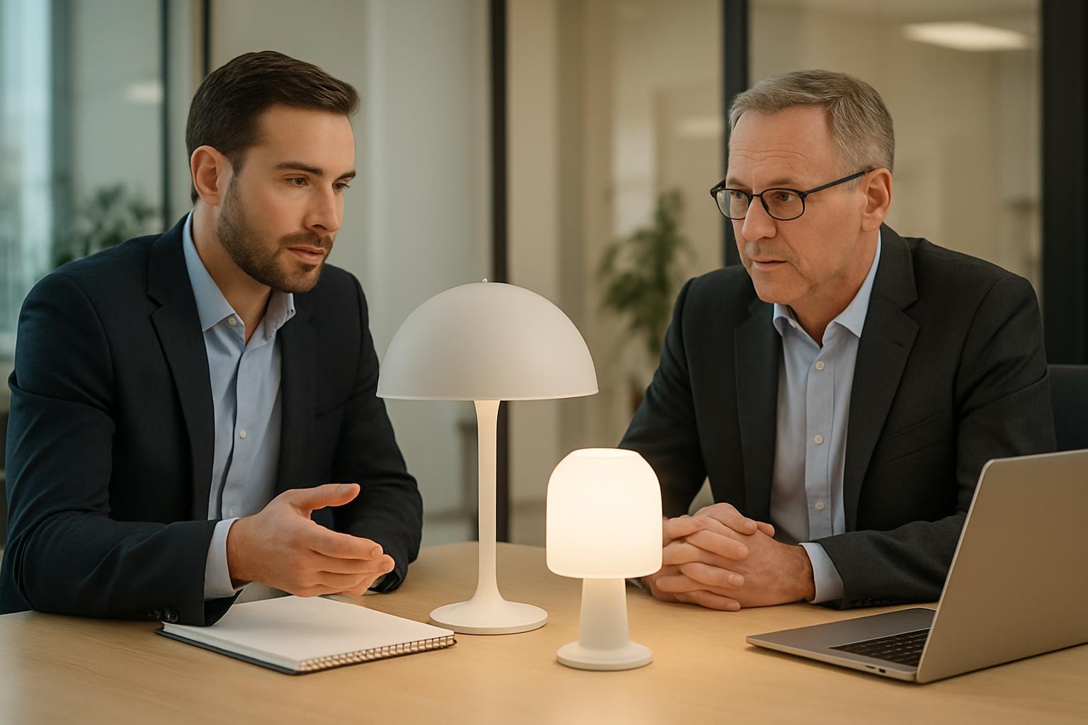 Distributor and supplier discussing LED panel light samples and configuration in a business meeting