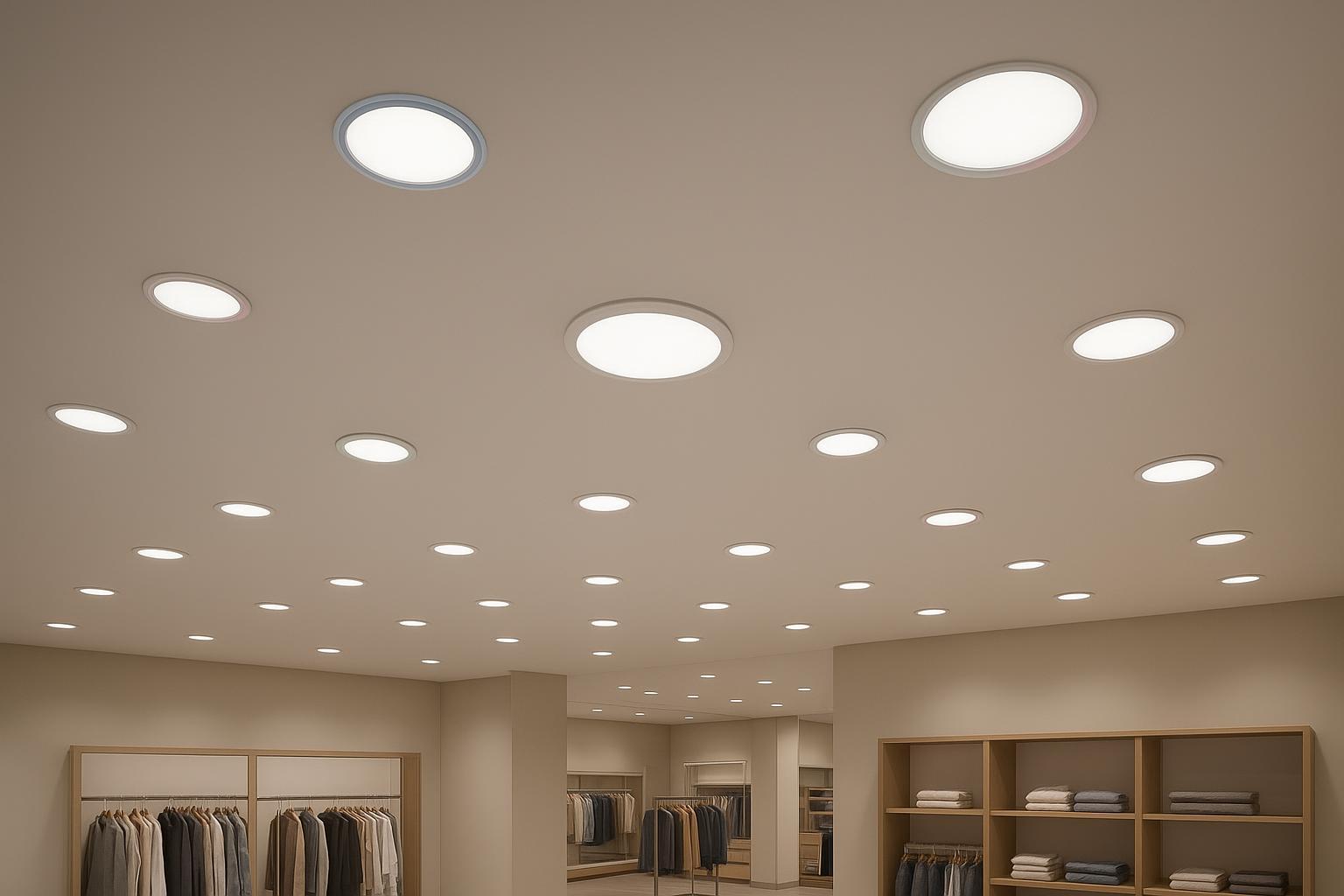 Realistic interior scene: recessed panel lights used in a retail ceiling, with subtle ring accents for zoning