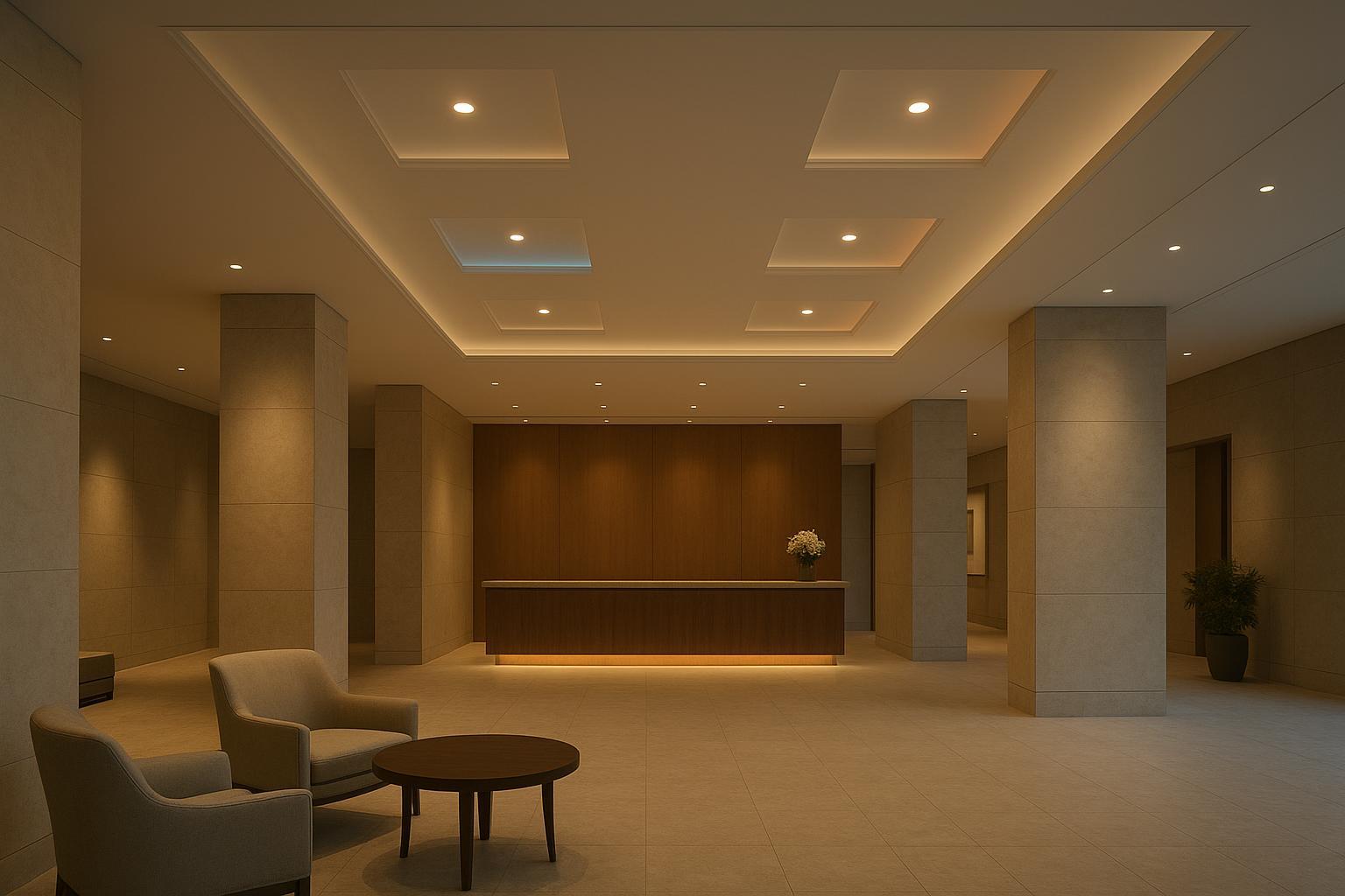 Realistic interior scene: hotel lobby reception area lit by recessed ceiling panels, with subtle ring accents for mood and wayfinding