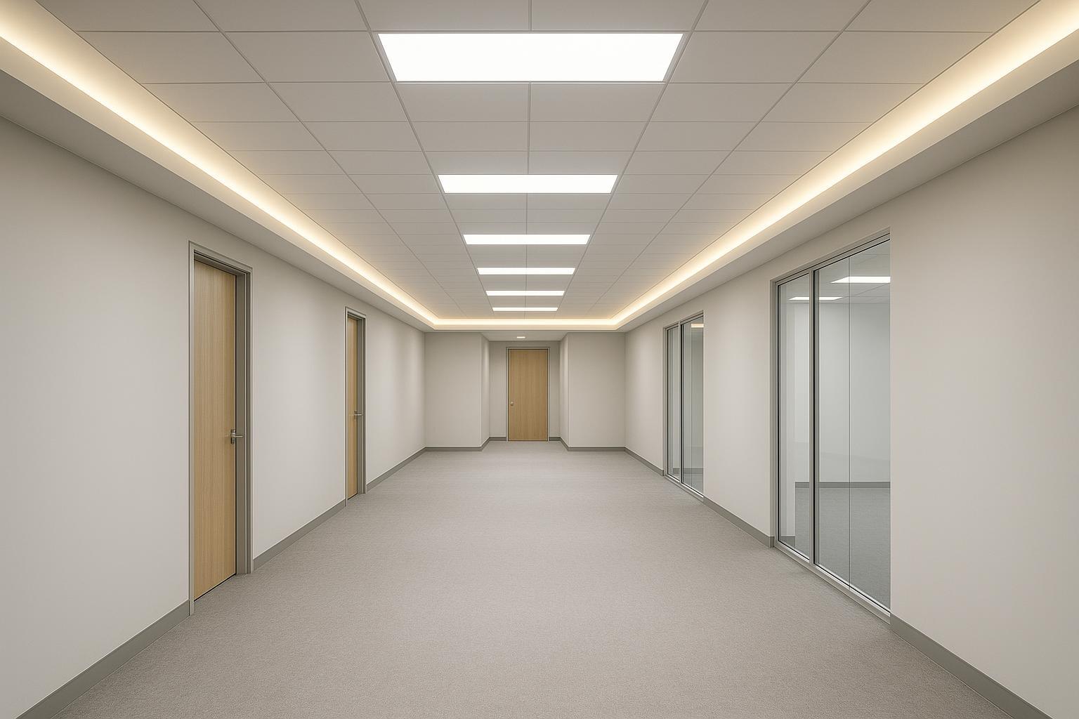 Realistic interior scene: office corridor ceiling with recessed panel lights providing clean, even illumination