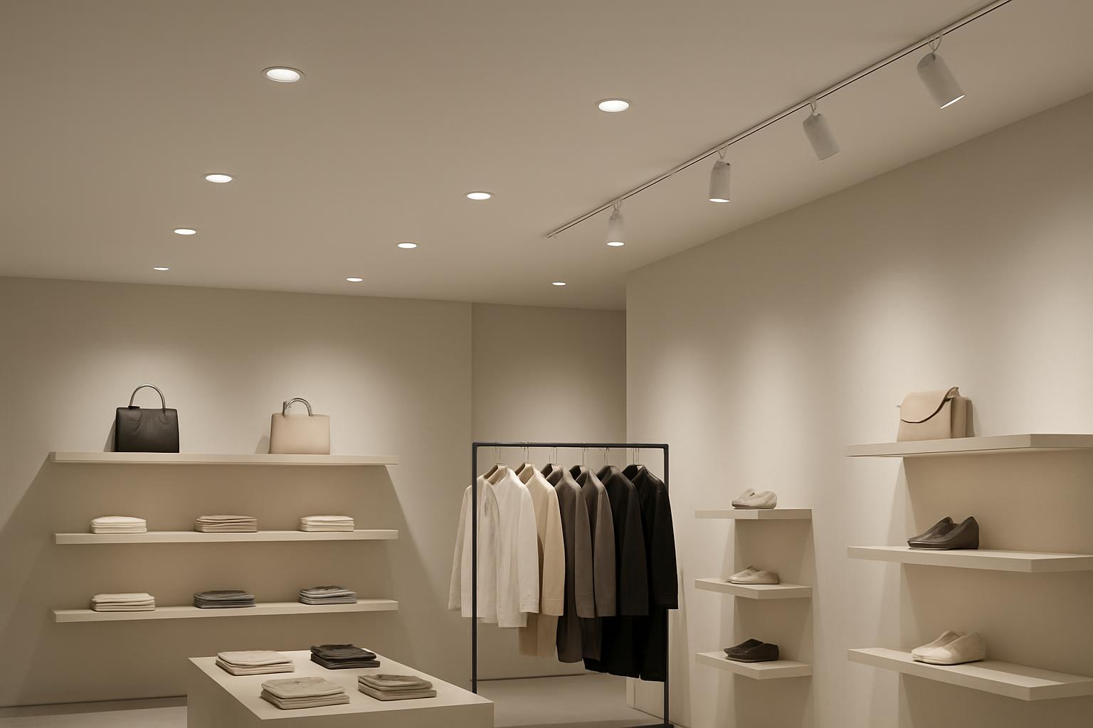 Photorealistic interior retail scene showing layered ambient downlighting and accent spotlights