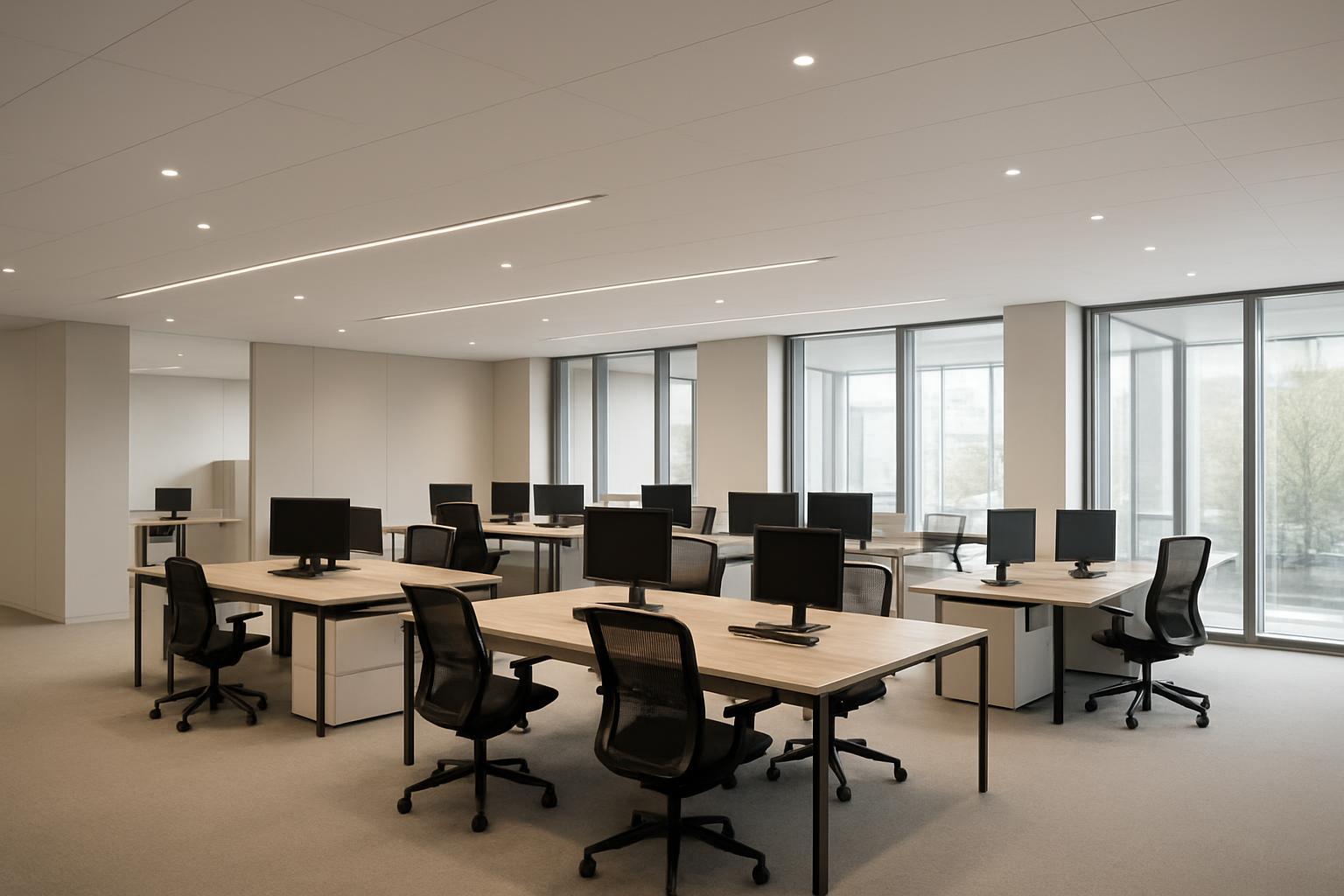 Photorealistic modern office interior with soft glare-controlled ceiling lighting