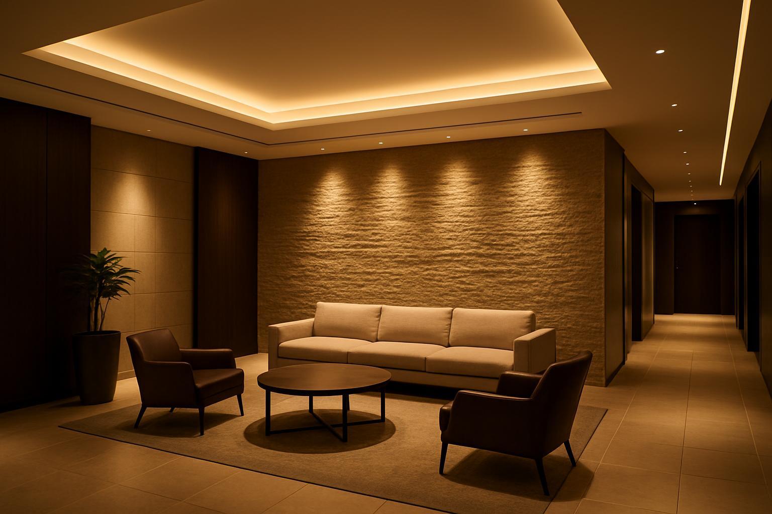 Photorealistic hotel lobby scene with warm ambient downlighting and subtle accent lighting