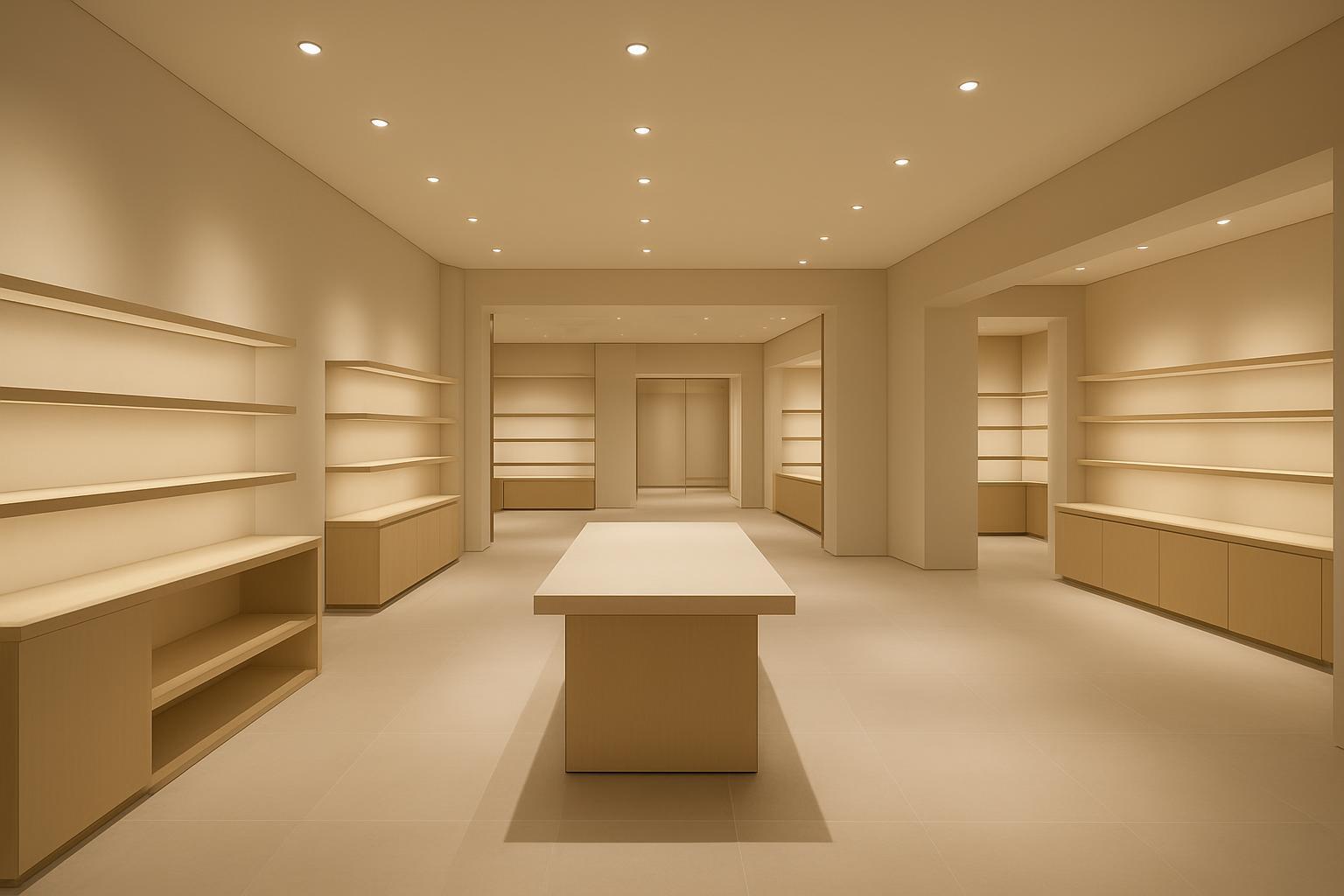 Photorealistic retail boutique interior with comfortable ceiling lighting