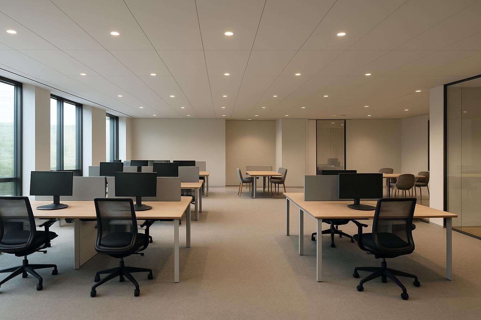 Photorealistic open-plan office interior with even ceiling lighting