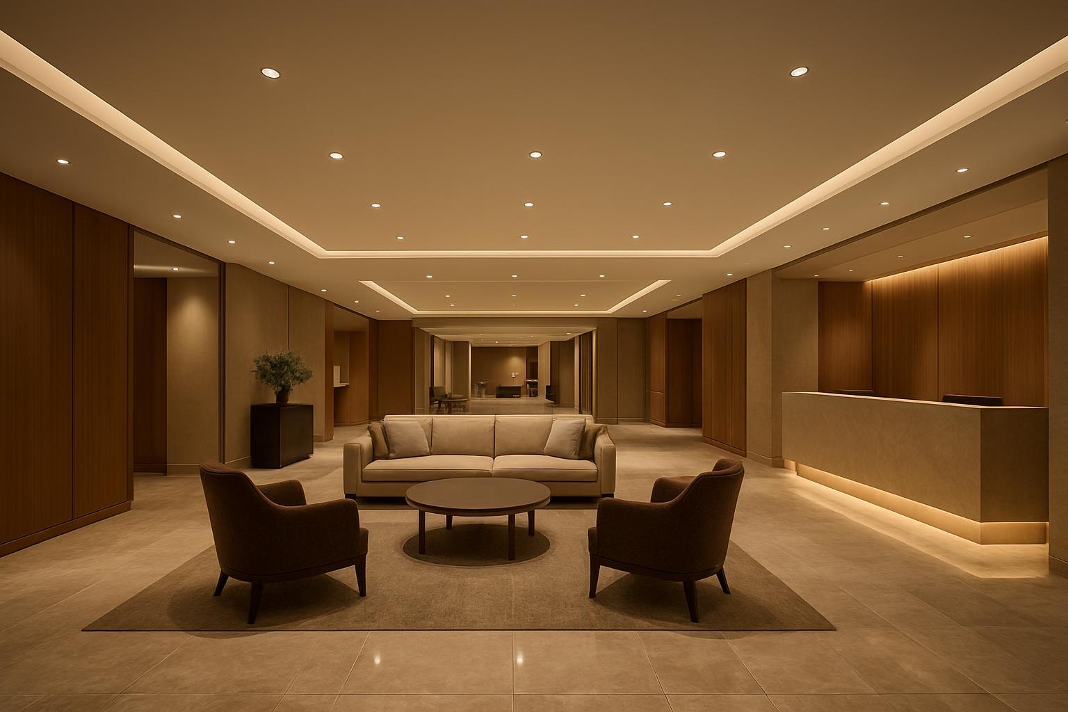 Photorealistic hotel lobby interior with warm ambient and accent lighting