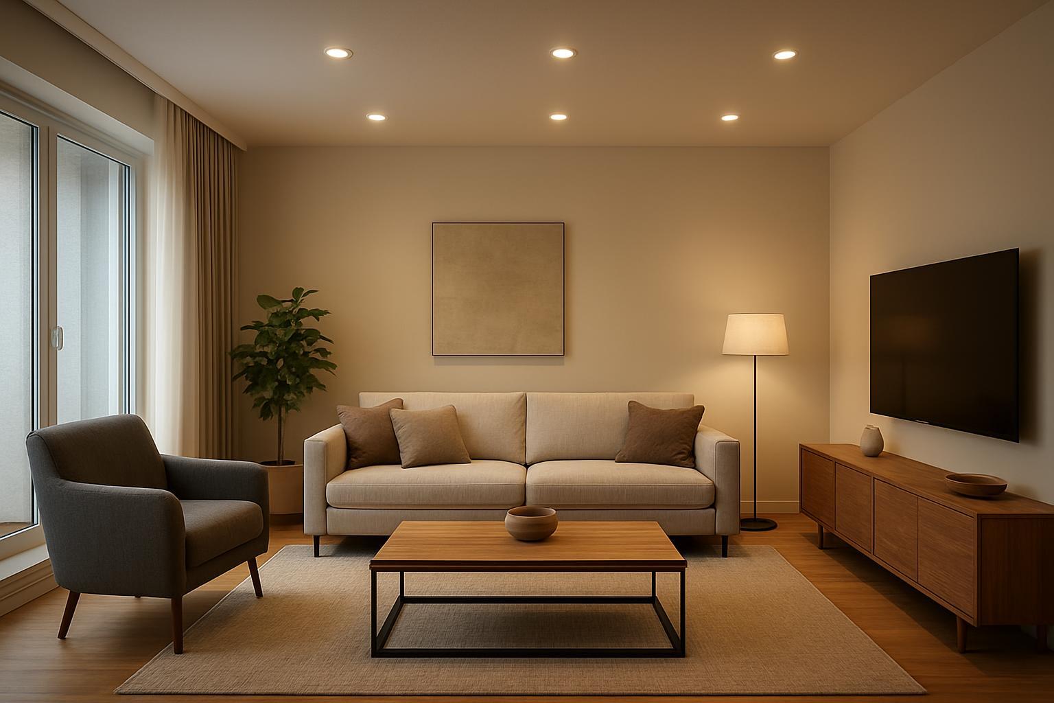 Photorealistic modern residential living room with soft ceiling lighting