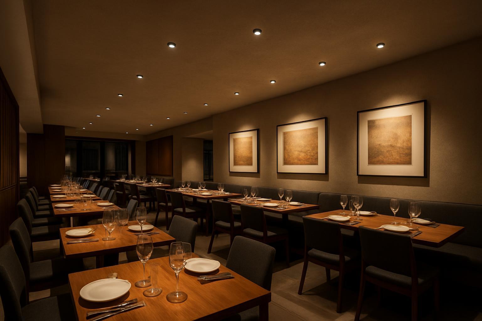 Photorealistic restaurant dining space with layered ambient and accent lighting