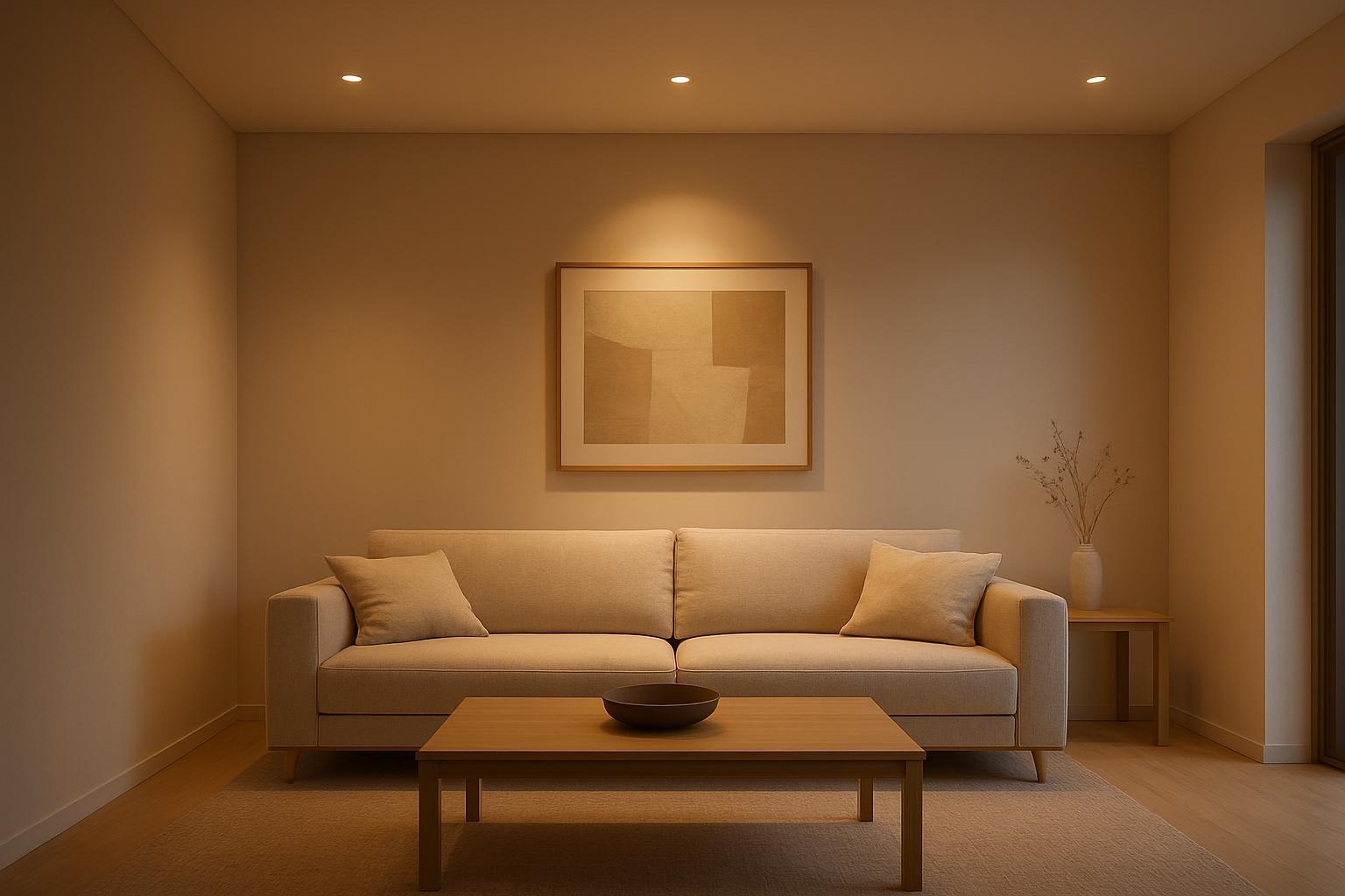 Photorealistic living room showing ambient recessed downlights with a subtle accent highlight on wall art