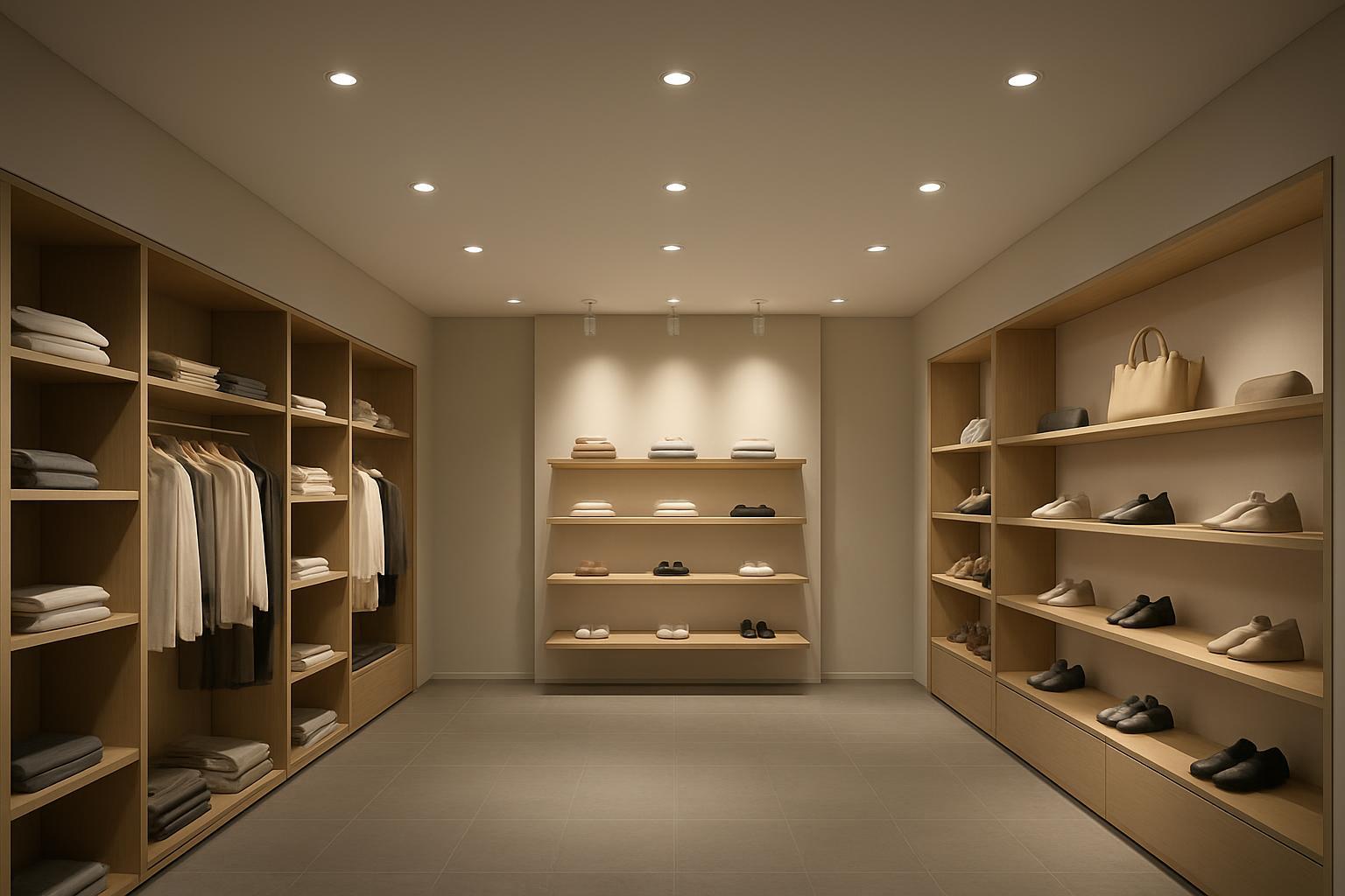 Photorealistic retail boutique ceiling lighting with clean recessed fixtures and highlighted display zones