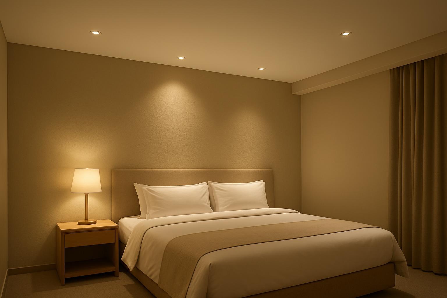 Photorealistic hotel guest room with comfortable recessed ceiling lighting and a gentle accent wash on the headboard wall