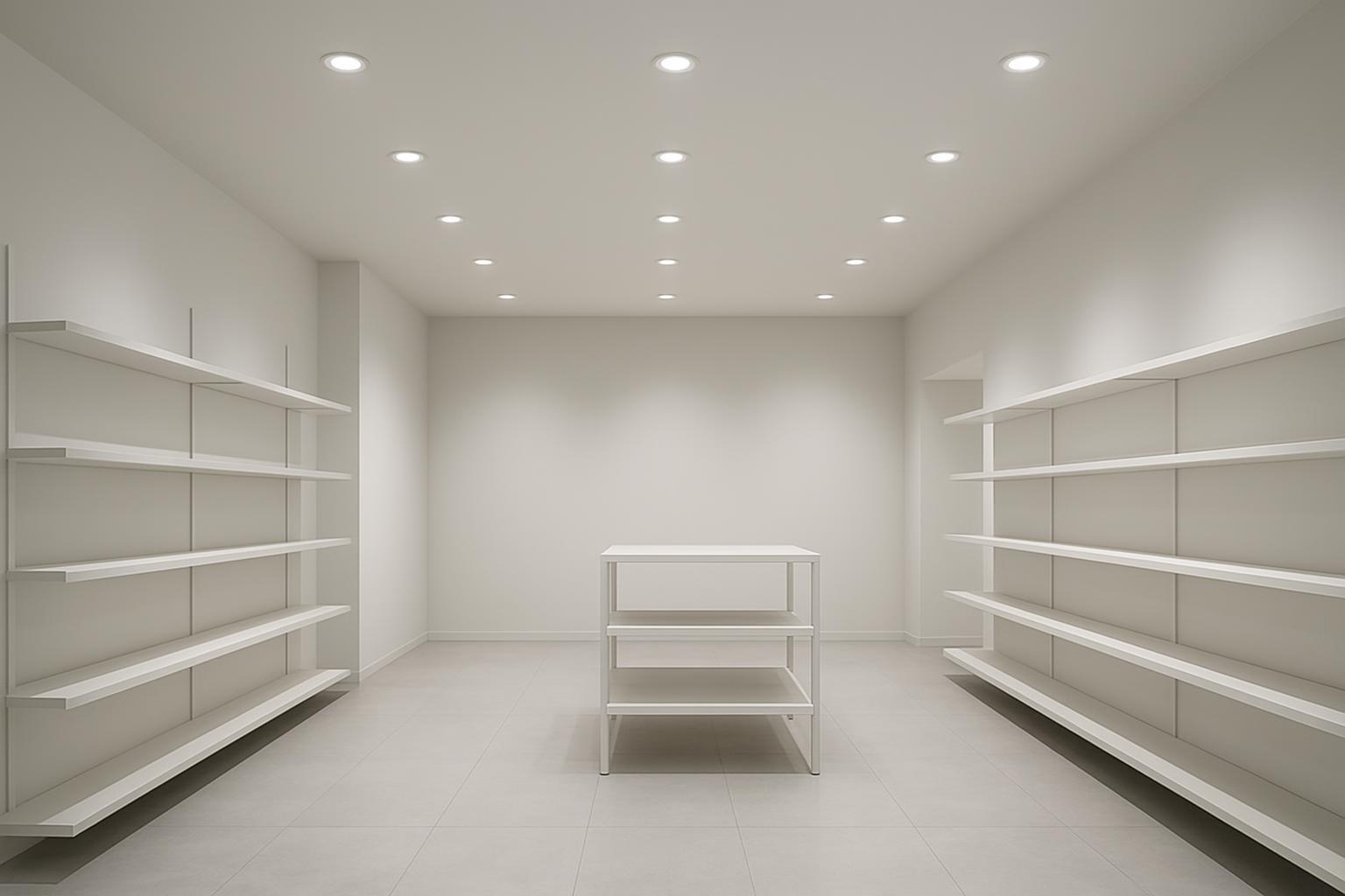 Photorealistic indoor scene showing recessed downlights in a modern retail space
