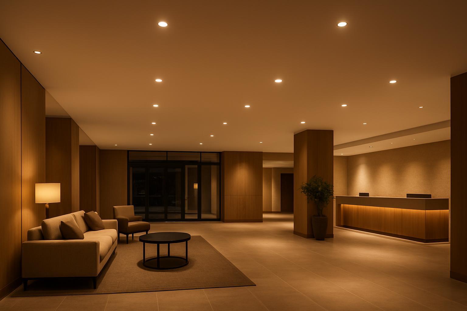 Photorealistic indoor scene with warm recessed downlights in a hotel lobby