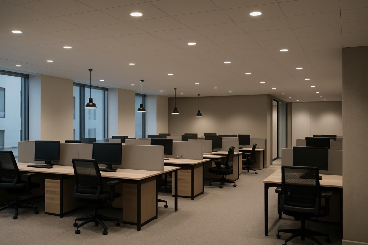 Photorealistic indoor scene showing recessed downlights in a modern open-plan office