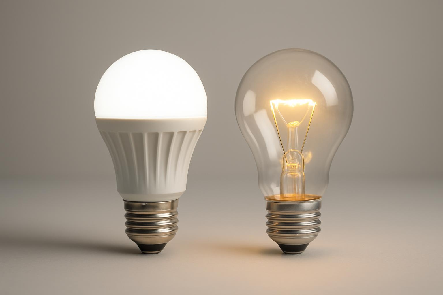 Fotorealistischer Vergleich einer LED-Gl&uuml;hbirne und einer Gl&uuml;hlampe mit &auml;hnlicher Helligkeit