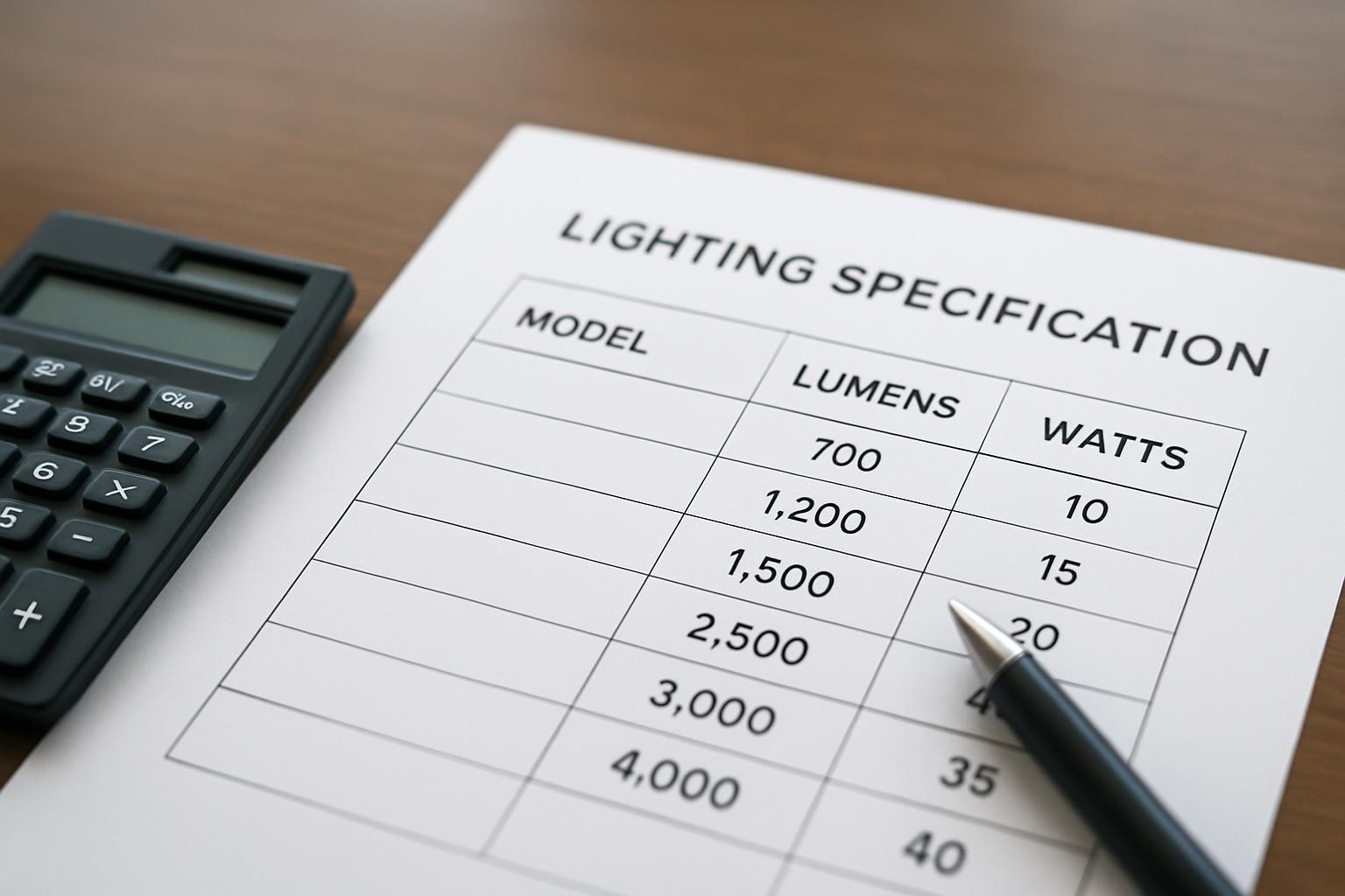 Fotorealistische Beleuchtungsreferenznotizen auf einem Schreibtisch, die Lumen-Basislinien und g&auml;ngige Gl&uuml;hbirnen&auml;quivalente darstellen