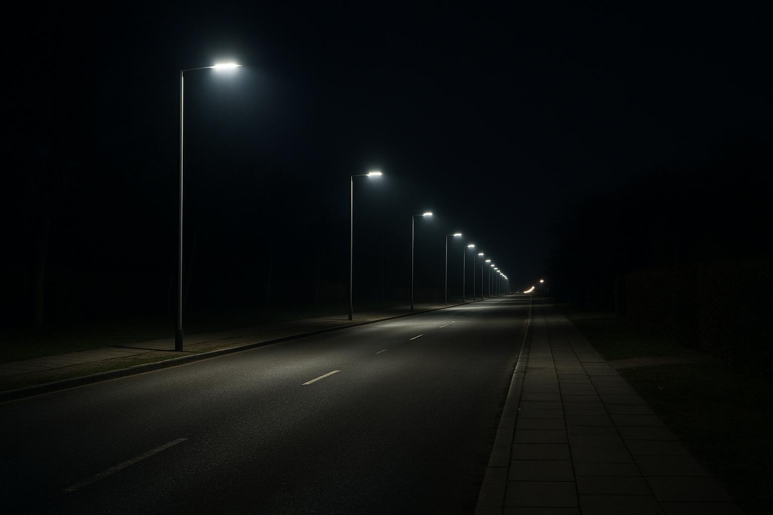 Fotorealistische n&auml;chtliche Stra&szlig;enbeleuchtungsszene, die eine gleichm&auml;&szlig;ige Fahrbahnbeleuchtung durch LED-Stra&szlig;enlaternen zeigt