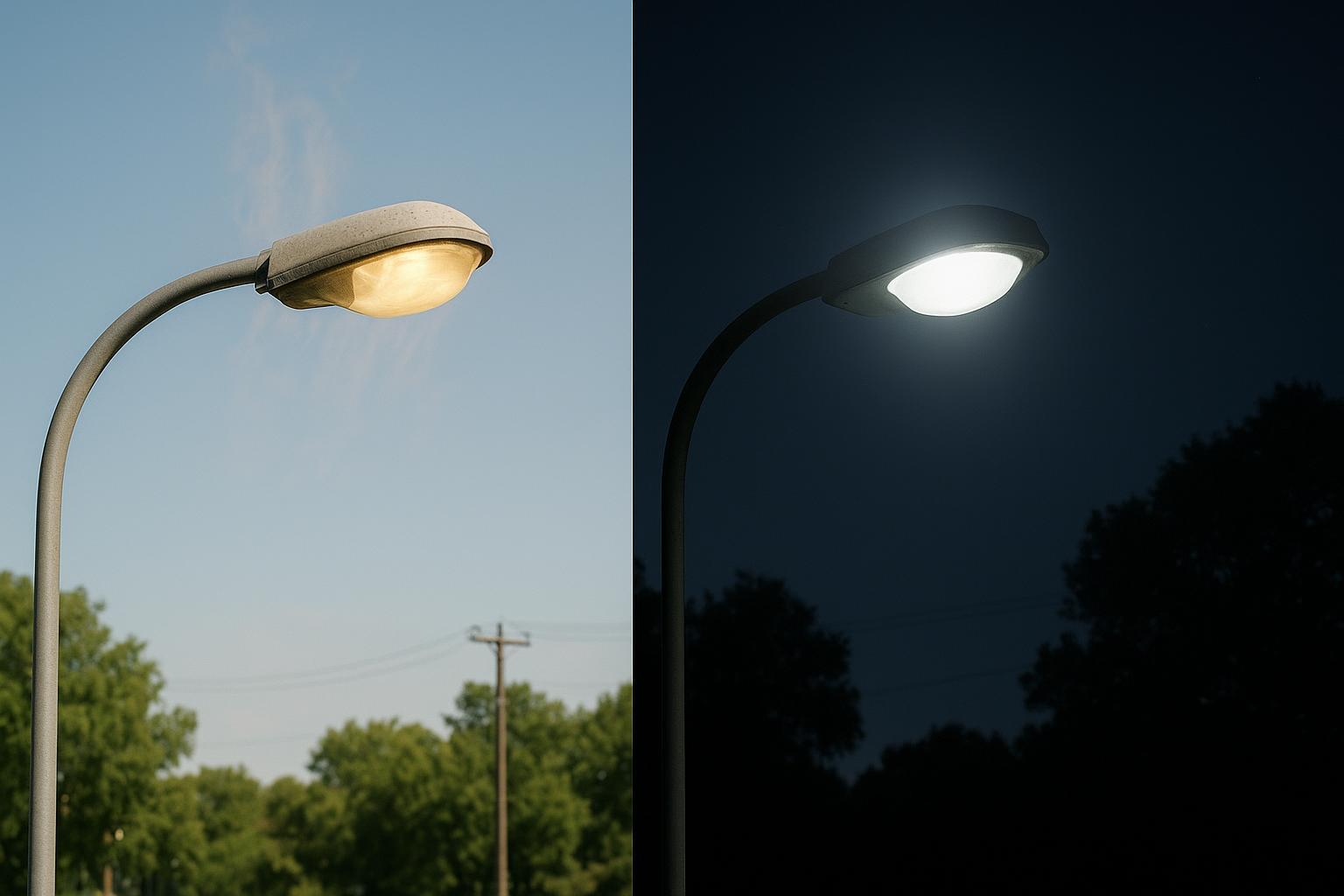 Photorealistic split-scene showing street lighting under daytime heat and nighttime operation to illustrate thermal cycling