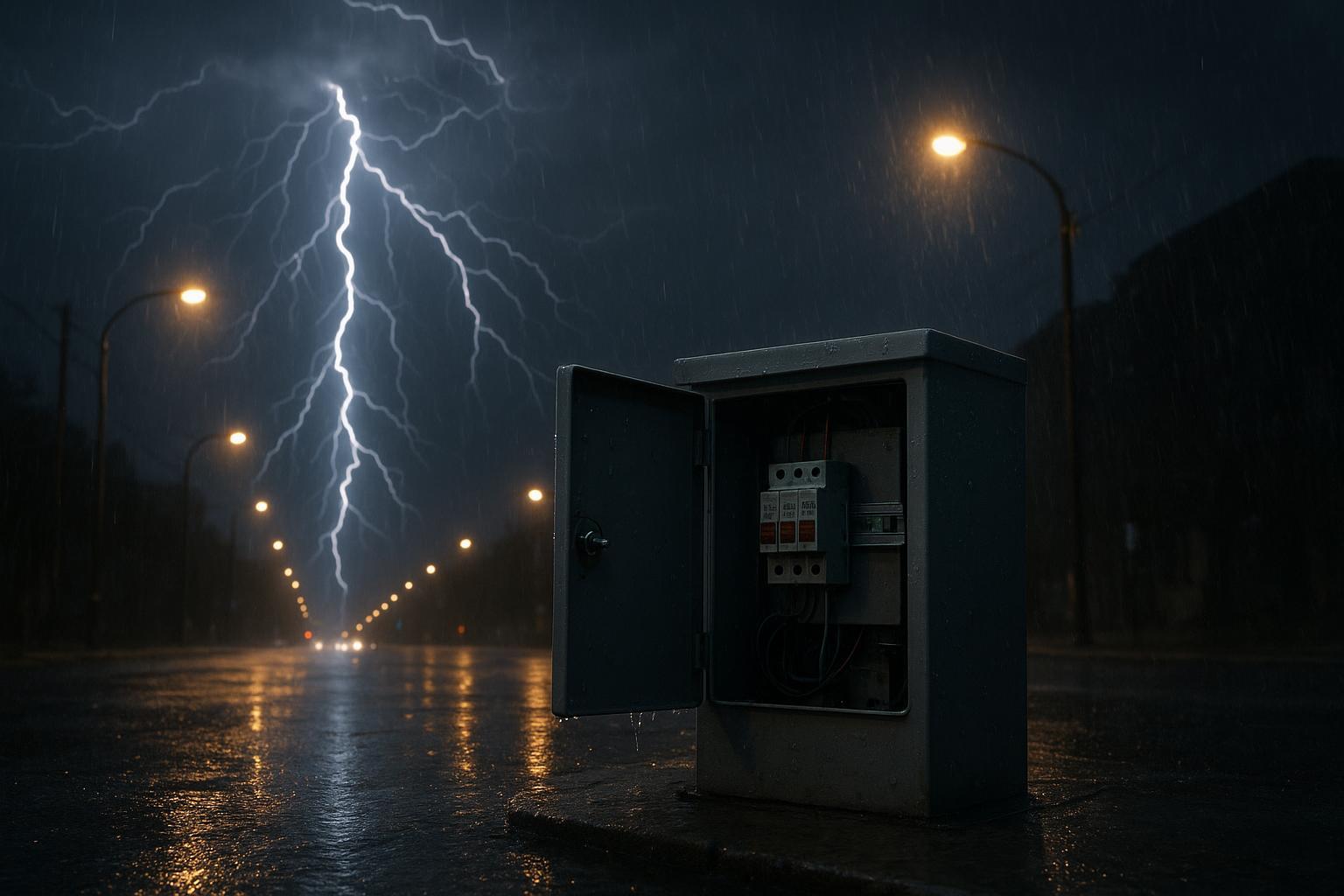 Photorealistic thunderstorm over a city street with street lights, suggesting lightning-induced surge risk