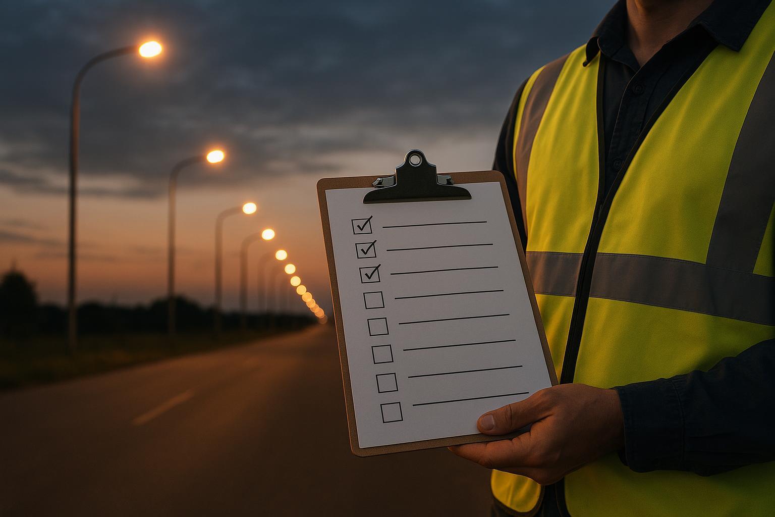 Photorealistic scene of an engineer holding a checklist clipboard at a street site at dusk with street lights in the background