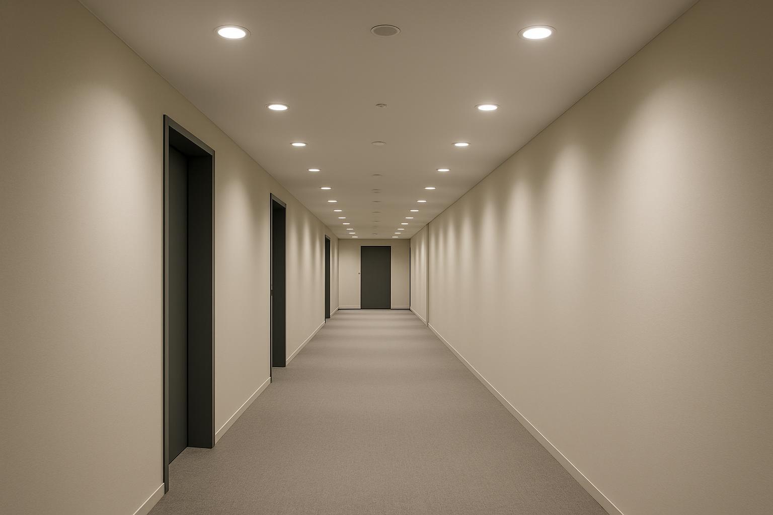 Modern indoor corridor with recessed LED downlights, representing dry indoor lighting use cases