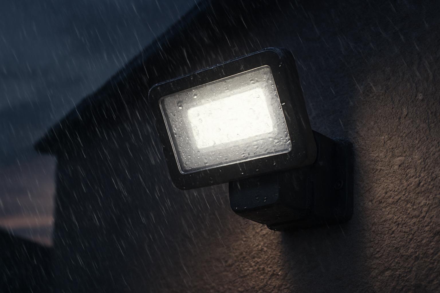 Wall-mounted outdoor LED floodlight in rainy weather, representing IP-rated outdoor protection