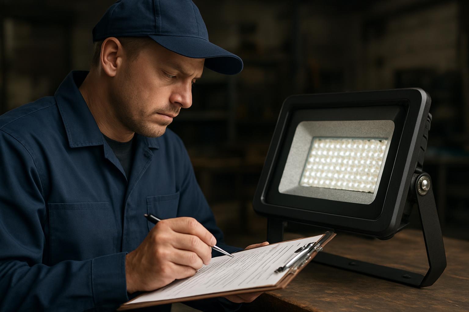 Technician reviewing a luminaire checklist next to an outdoor LED floodlight on a workbench