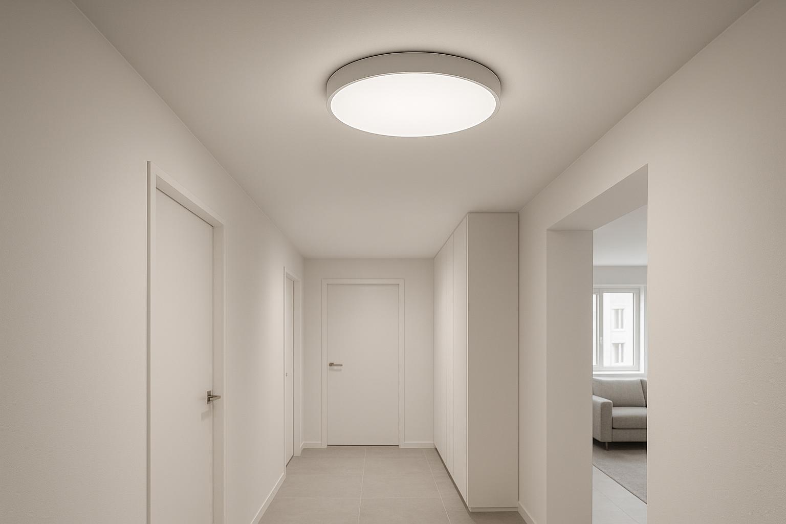 Flush mount LED ceiling light installed in a low-ceiling hallway