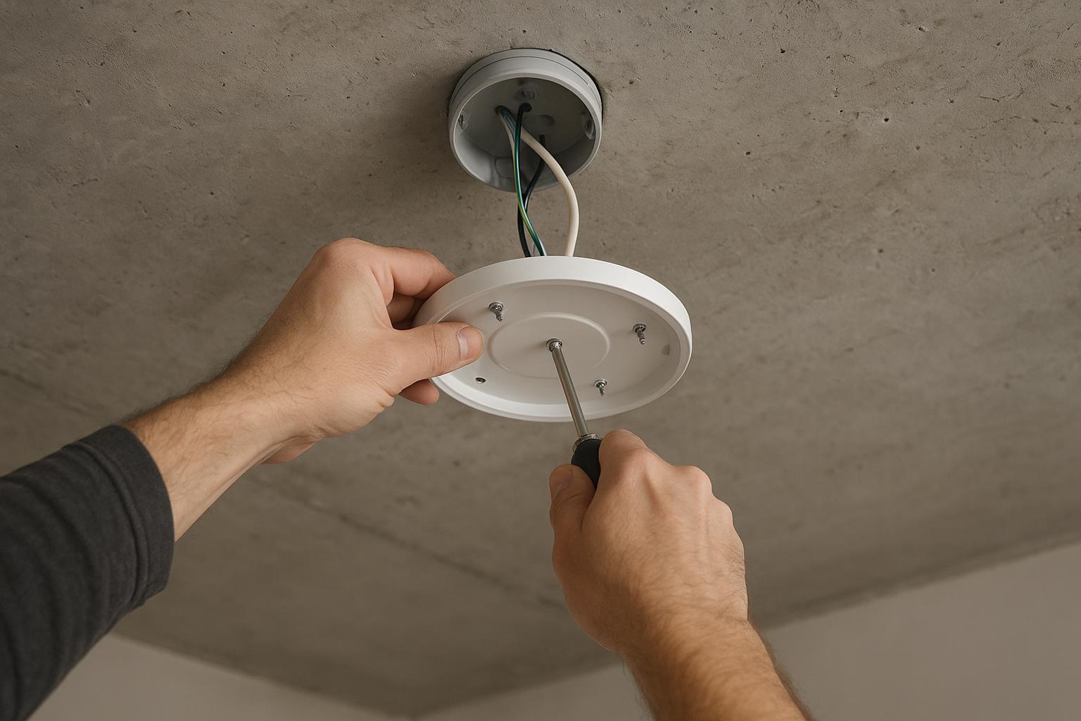 Electrician installing a surface-mounted LED ceiling light base on a concrete ceiling