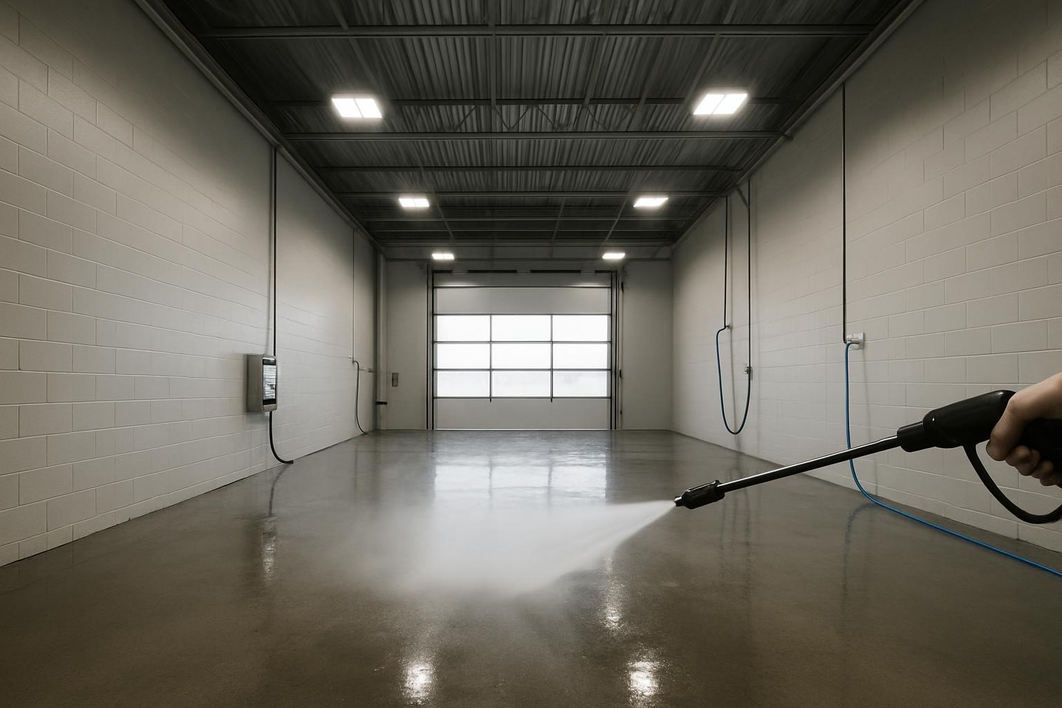 Car wash bay with high ceiling and high bay lights under water spray and mist