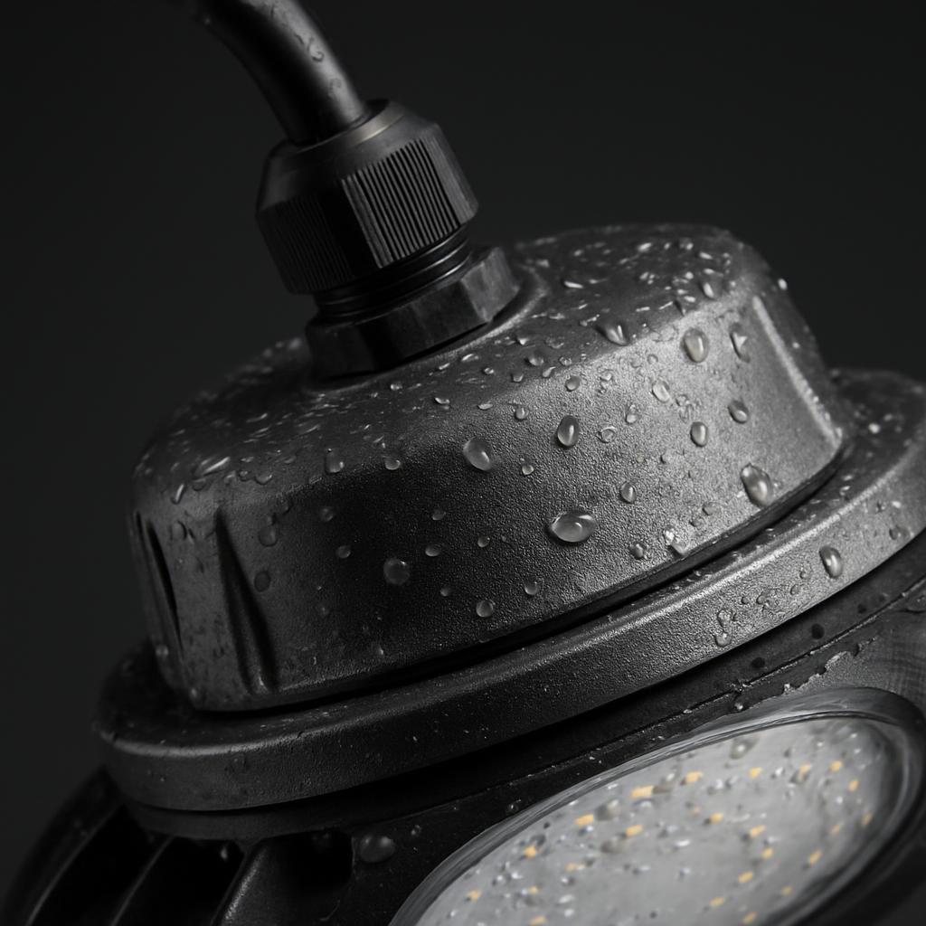 Close-up of high bay light waterproof sealing: gasket and cable gland with water droplets