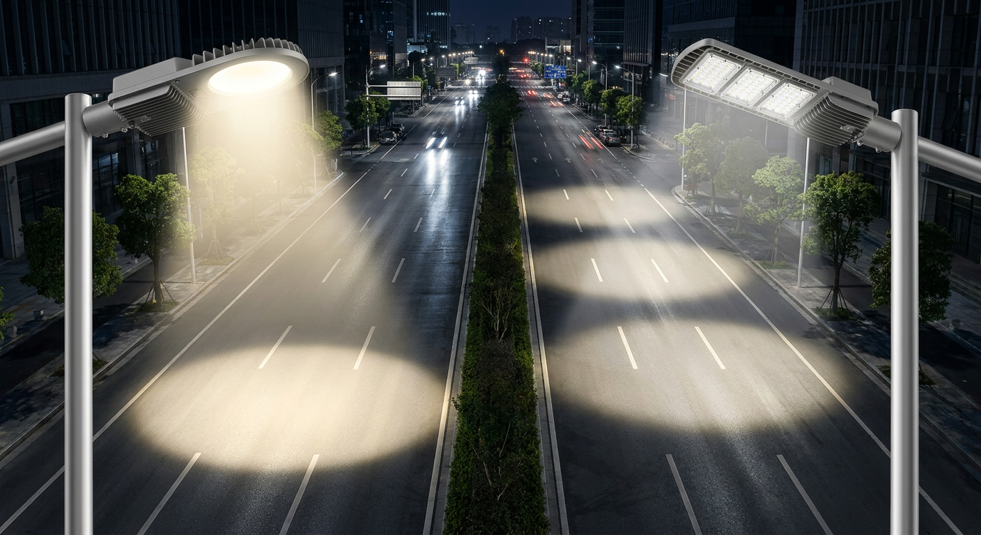 Comparison of COB and SMD LED street lights mounted on outdoor poles