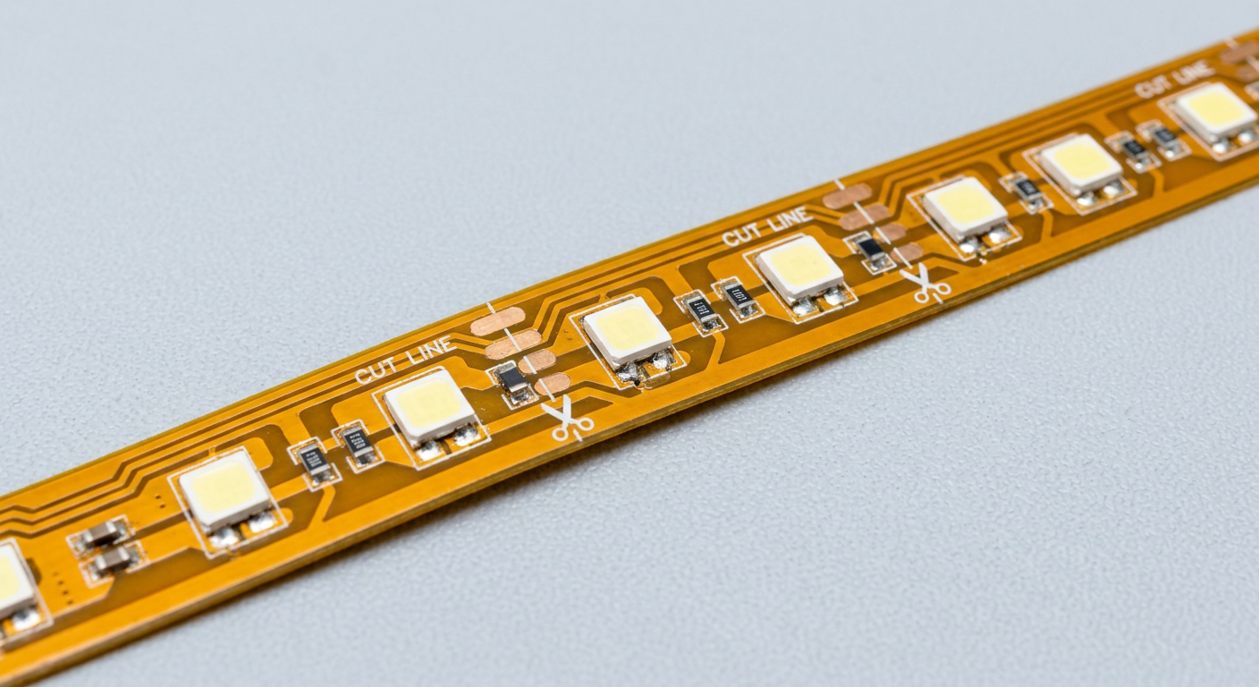 Technical diagram showing flexible LED strip PCB circuit traces, cut lines, and copper solder pads