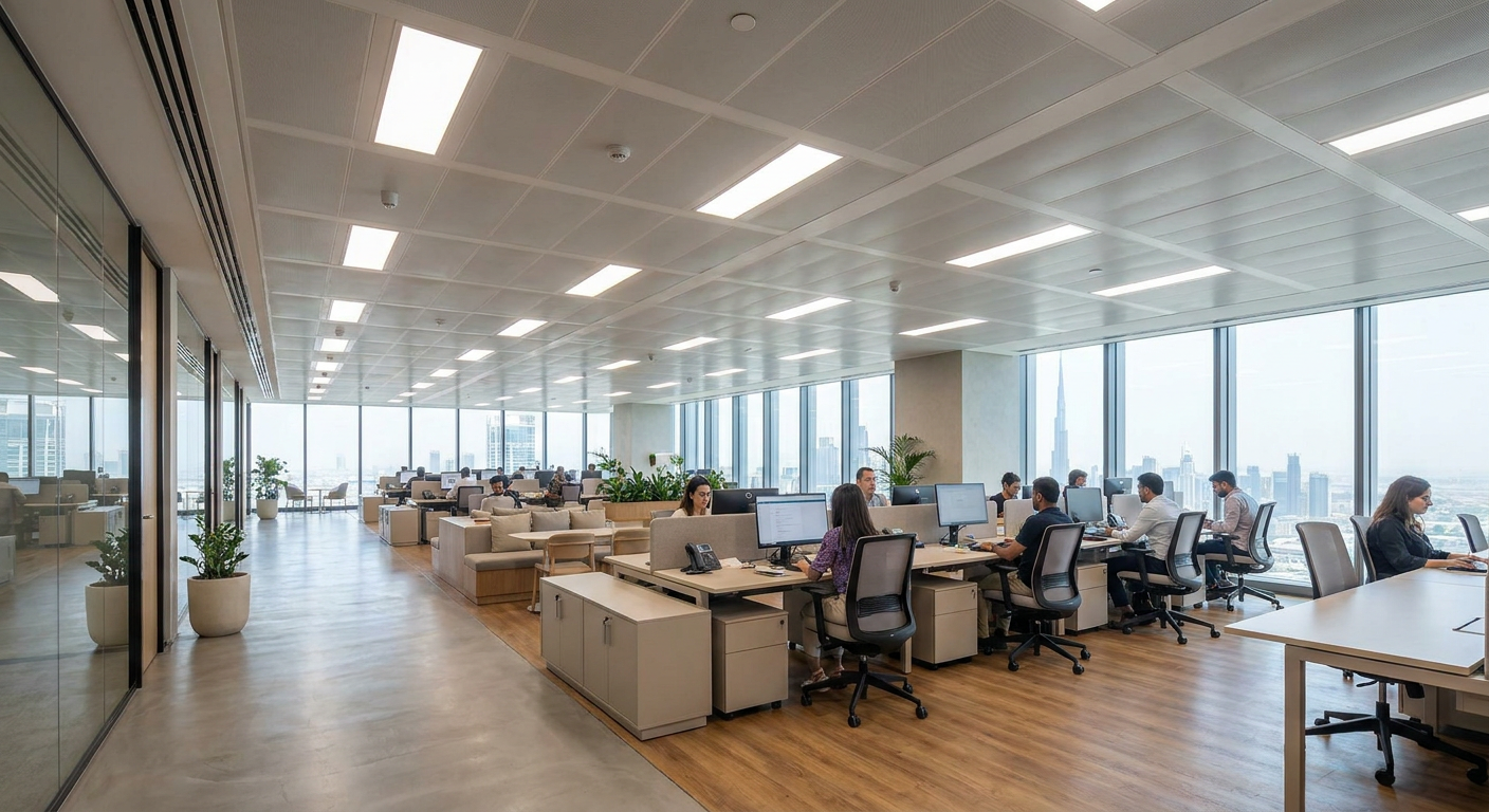Modern commercial office lighting application featuring ultra-thin LED panel fixtures