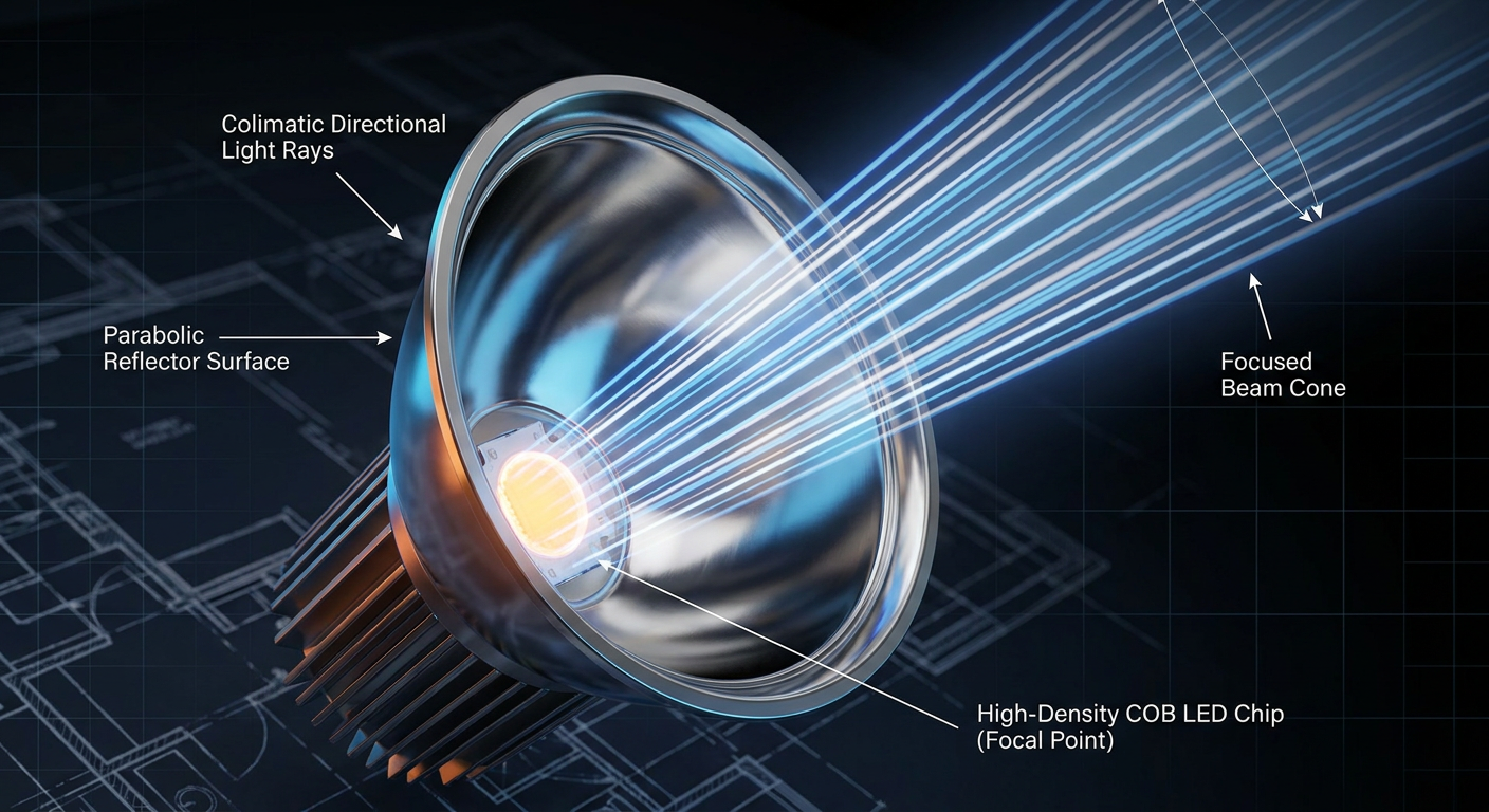 Optical beam reflection principle of an LED spotlight with parabolic reflector cup