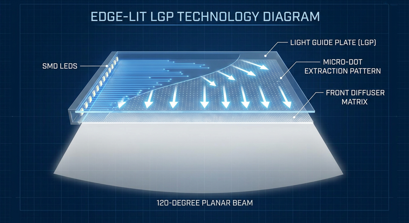Optical principle diagram of an edge-lit LED panel light with Light Guide Plate
