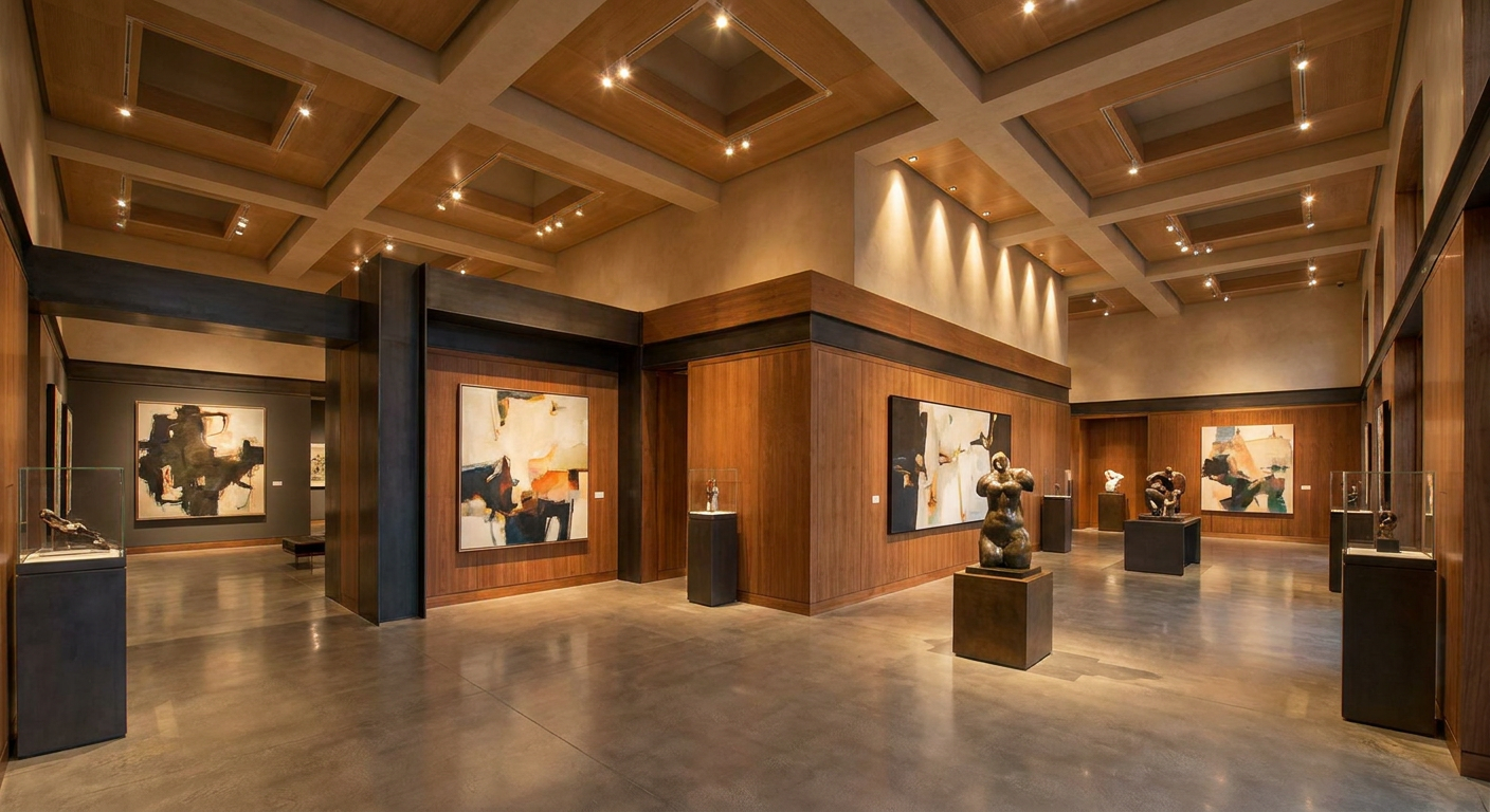 Luxury art gallery illuminated by precise anti-glare LED spotlights