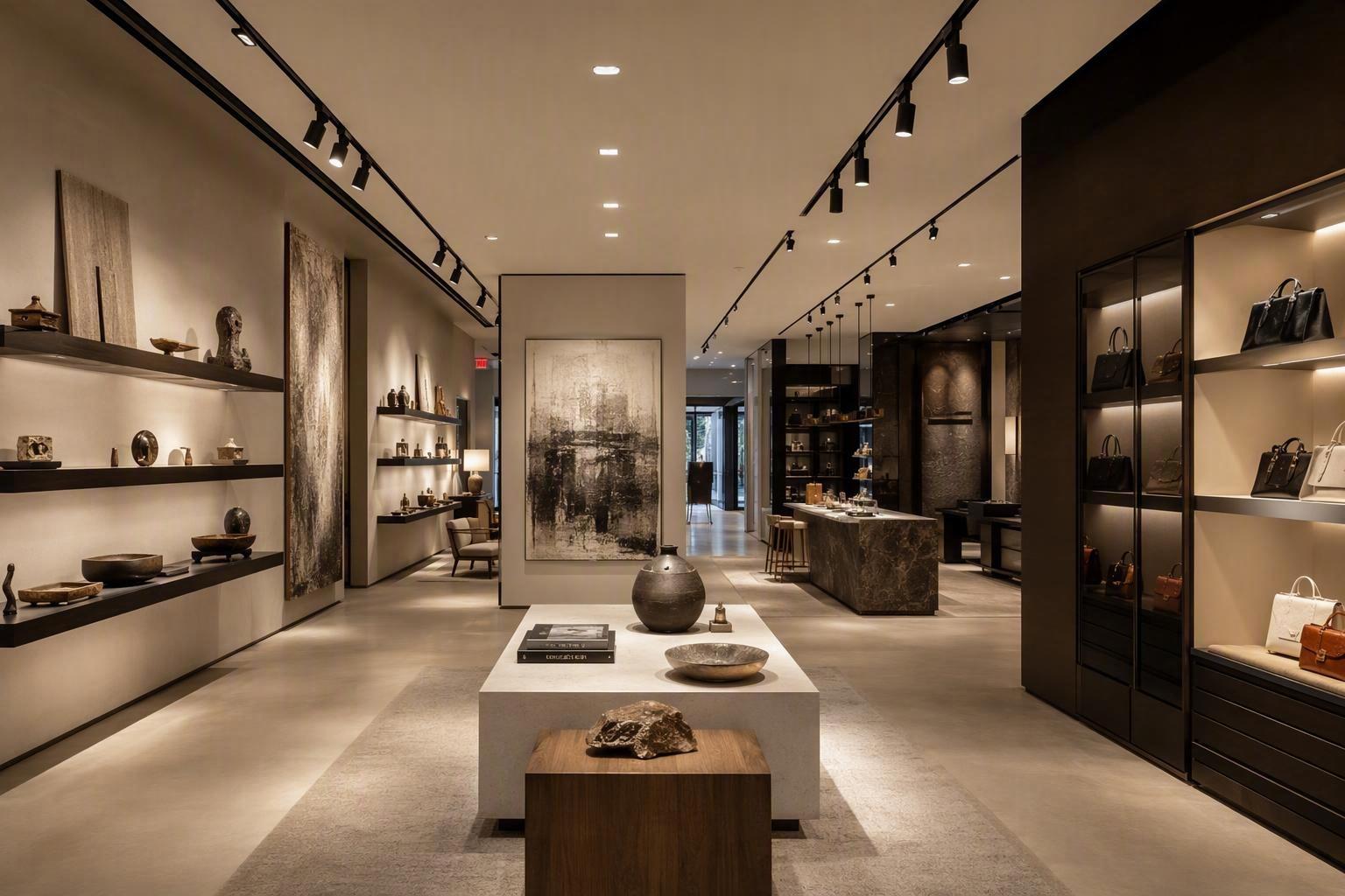 A layered LED lighting scheme combining downlights, spotlights and track lights in a retail space