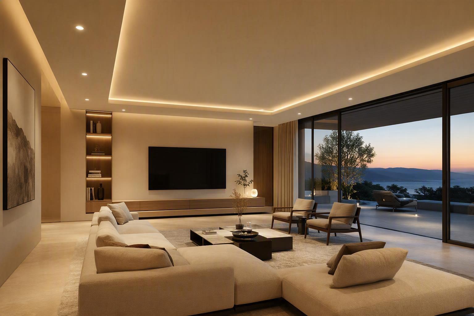 A modern villa living room lit by recessed downlights and hidden cove lighting with no central chandelier