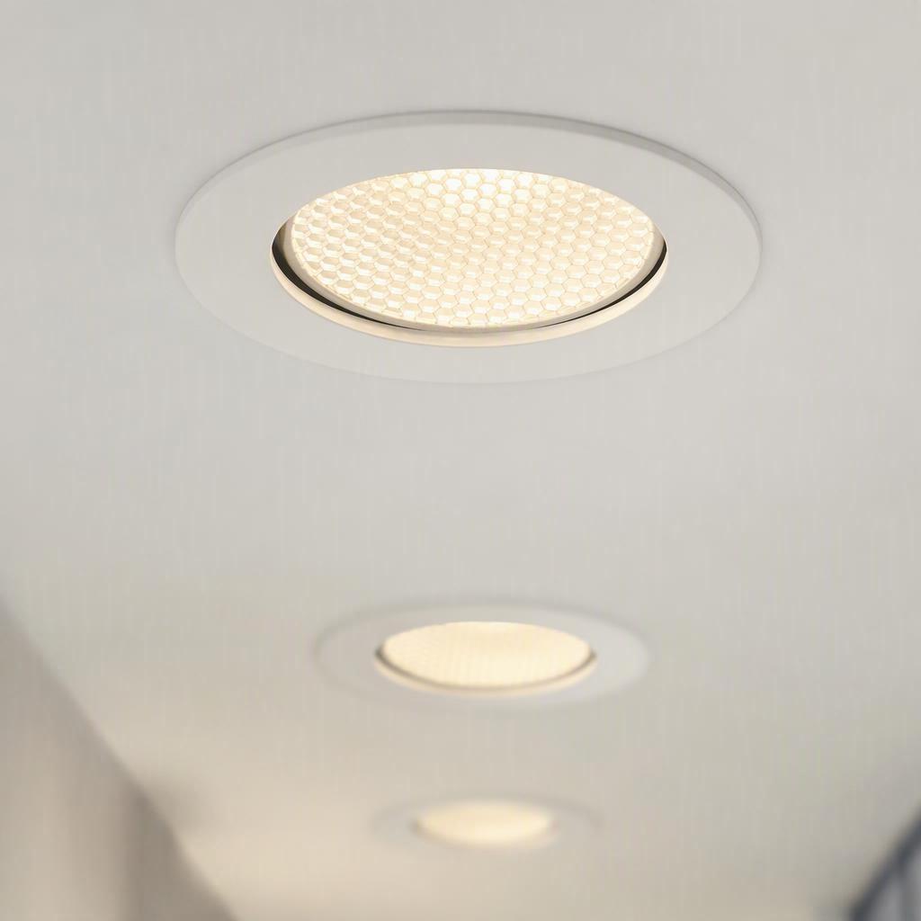 Close-up of flush recessed LED downlights with anti-glare optics in a modern ceiling