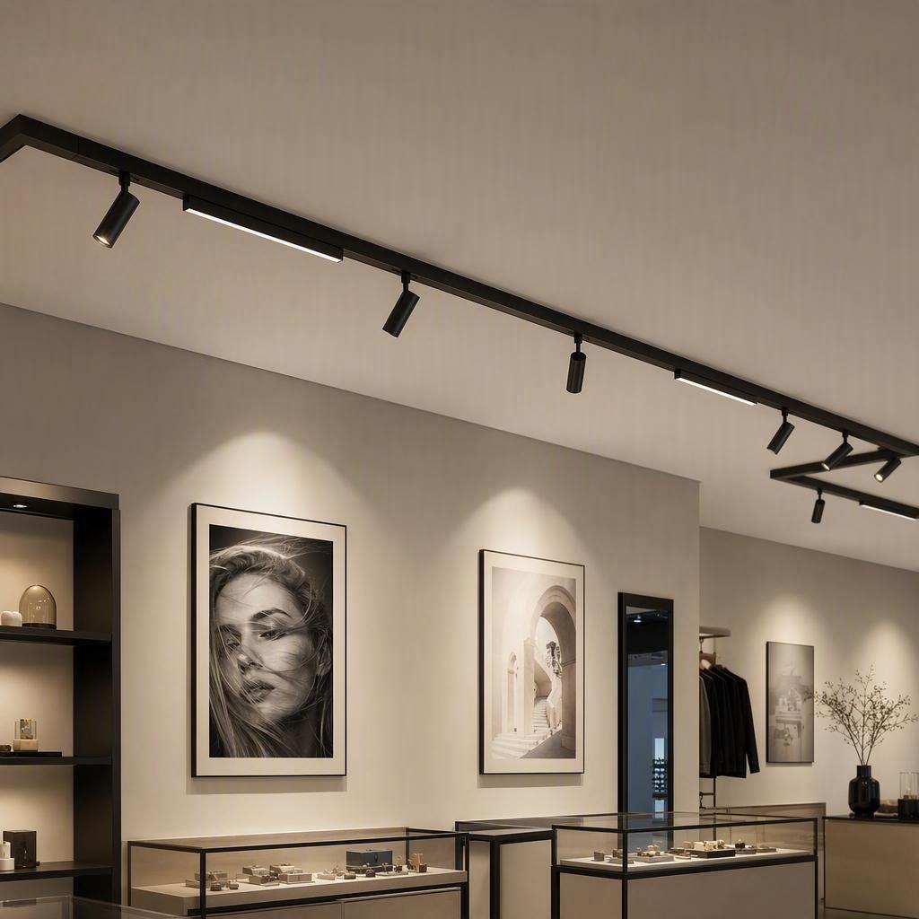 Track light system with adjustable spot heads lighting a gallery display