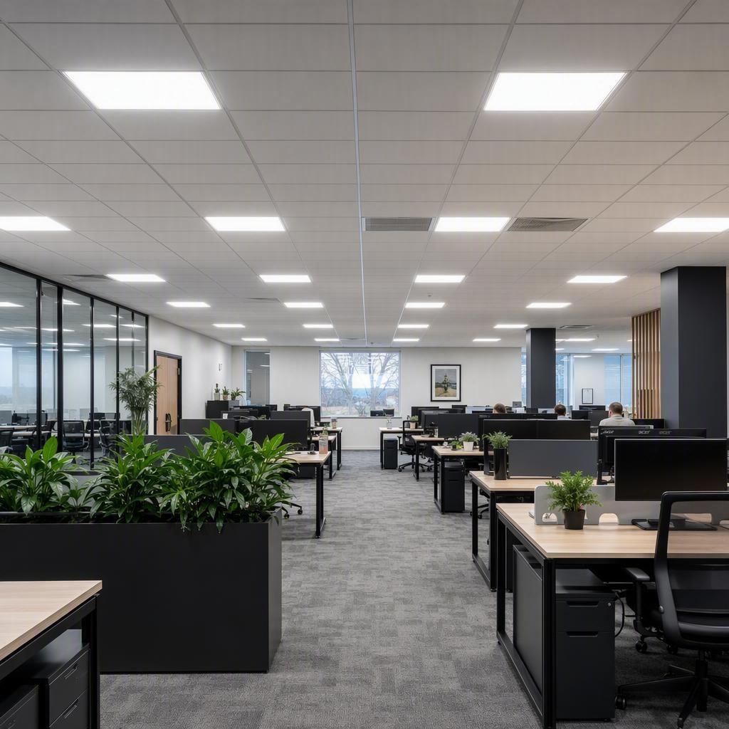 LED panel lights providing even uniform illumination across a modern open office