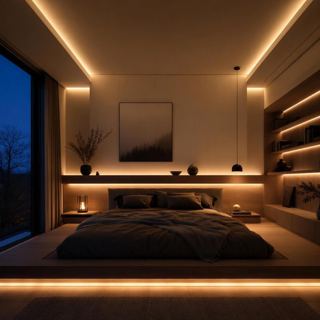 Hidden LED linear and strip lighting in ceiling coves creating a warm concealed glow